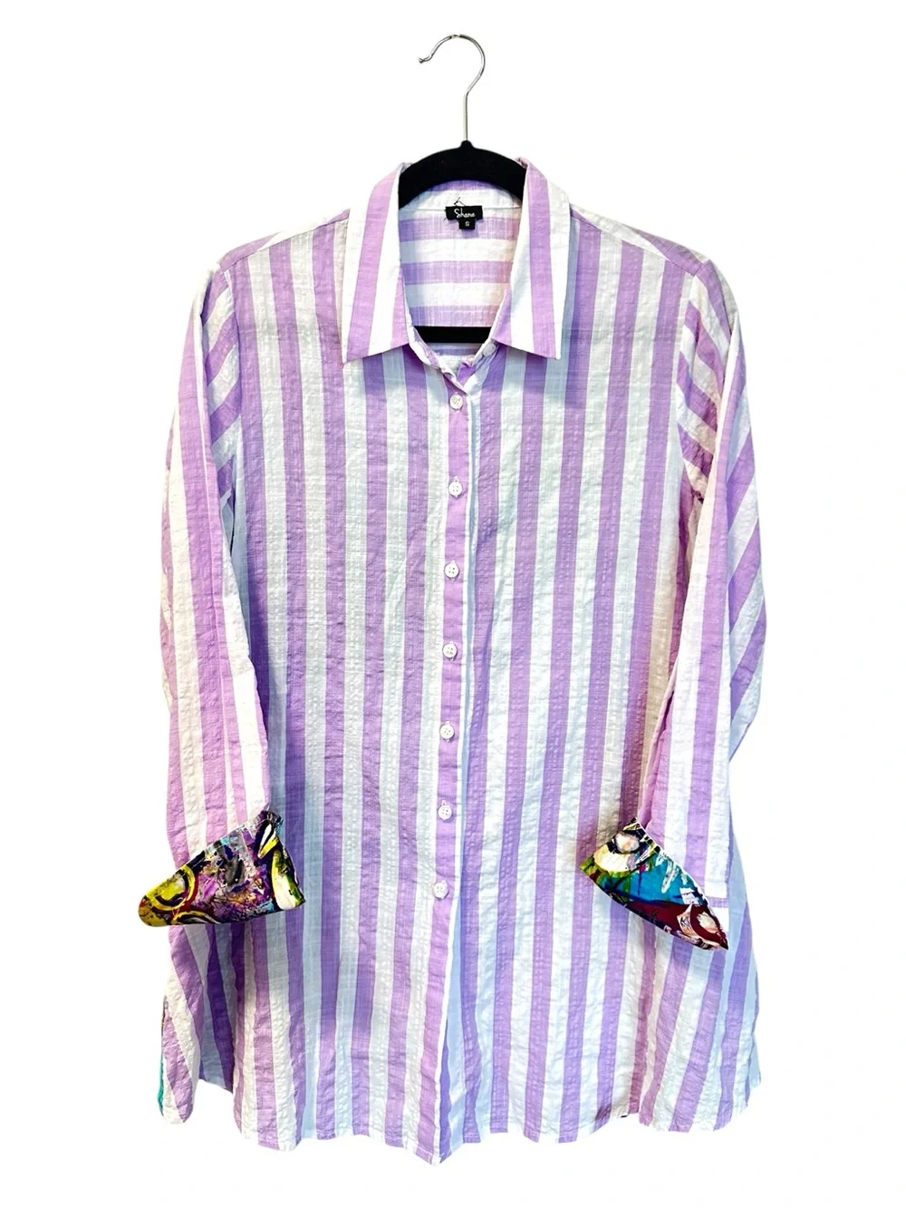 Shana Mixed Media Art To Wear Print Back Button Up Tunic Blouse SZ S